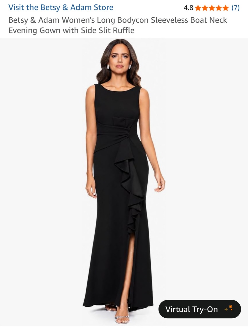 Betsy & Adam Black Sleeveless Boat-Neck Maxi Gown with Ruffle Side Slit